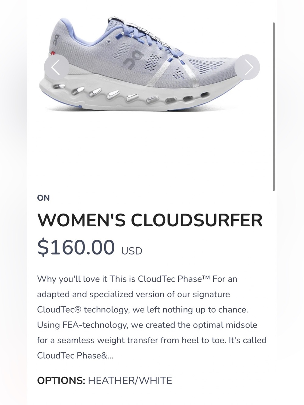 On Running Cloudsurfer Womens Sz 8M Heather/White Close to new! Worn 1X No Box